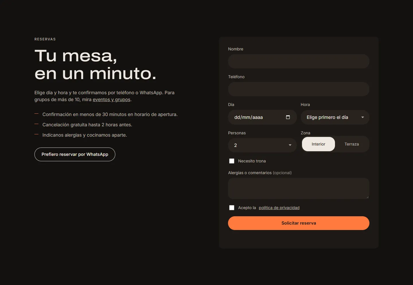 Formulario de reservas de la web de HUMO